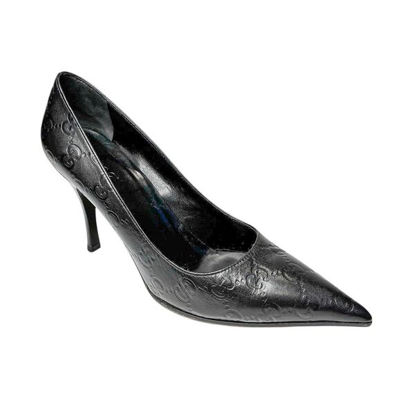 Gucci Black Double GG Monogram Logo Embossed Pointed Toe Heels Size 6 Pumps
